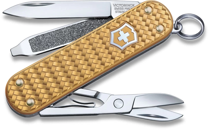 Victorinox Classic Precious Multi Tool Pocket Knife Brass Gold Woven Alox Handle 06221408G 1 Victorinox Classic Precious Multi Tool Pocket Knife Brass Gold Woven Alox Handle 06221408G