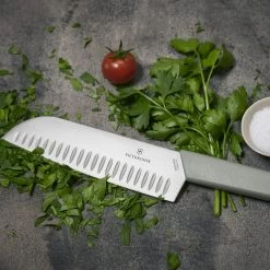 Swiss Modern Colors 7.5" Granton Edge Santoku Knife In Olive Green By Victorinox -Victorinox Sale Online VF6905617K6 Swiss Modern Santoku Close up